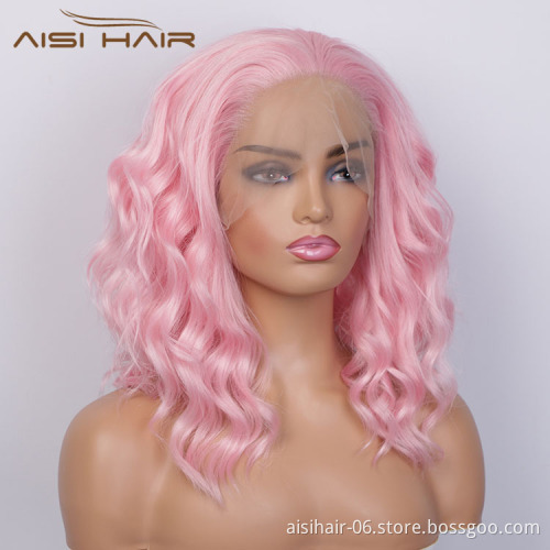 Aisi Hair Medium Long Wavy Pink Synthetic Wig Cosplay Body Wave Swiss Lace Wig Synthetic Lace Front Hair Wigs For Black Women